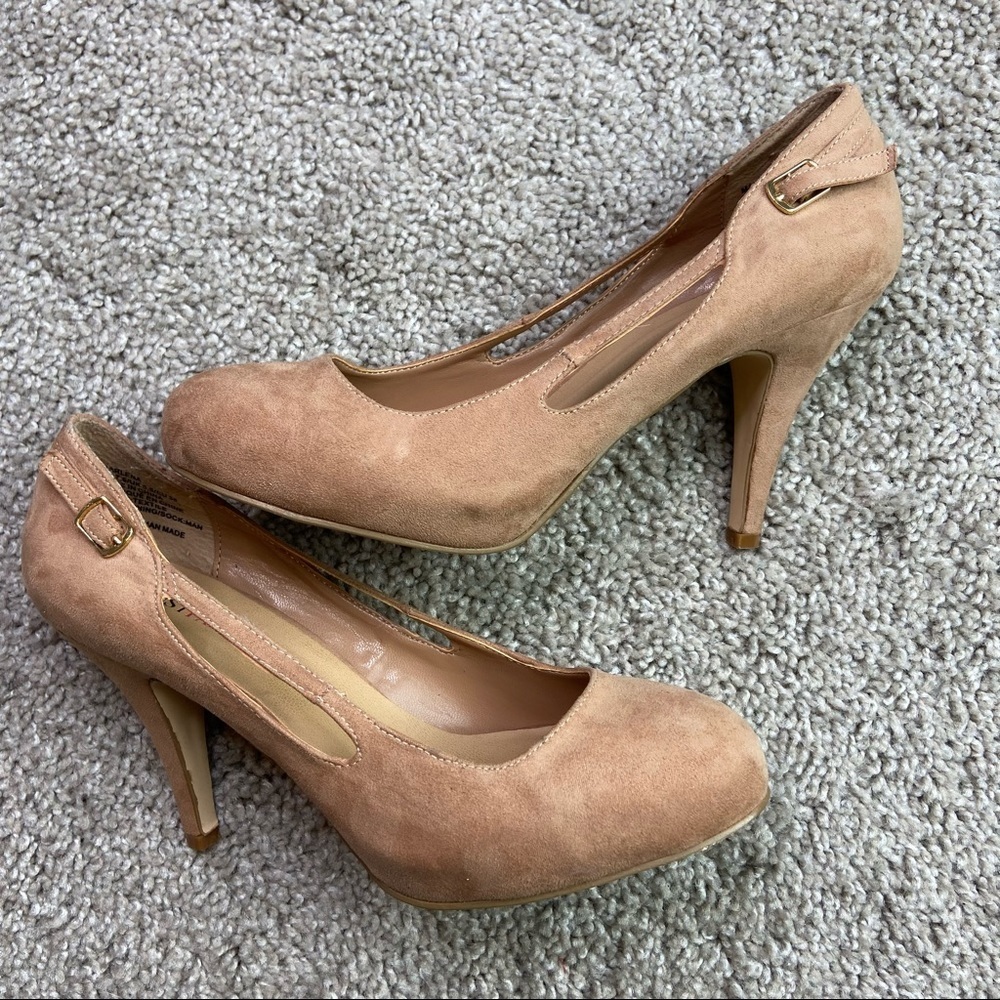 JustFab Marlena Tan Faux Suede Round Toe Cutout Stiletto Pumps Womens 7.5